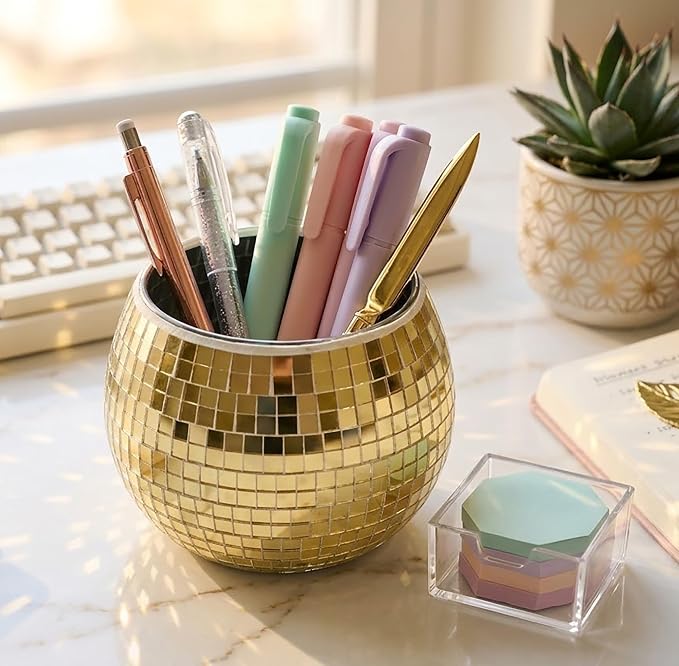 Disco Ball Pencil Holder for Desk - Cute Office Decor & Makeup Brush Organizer, 4.7 Inch Sparkly Glass Pen Cup, Fun Desk Accessories for Women (GOLD)