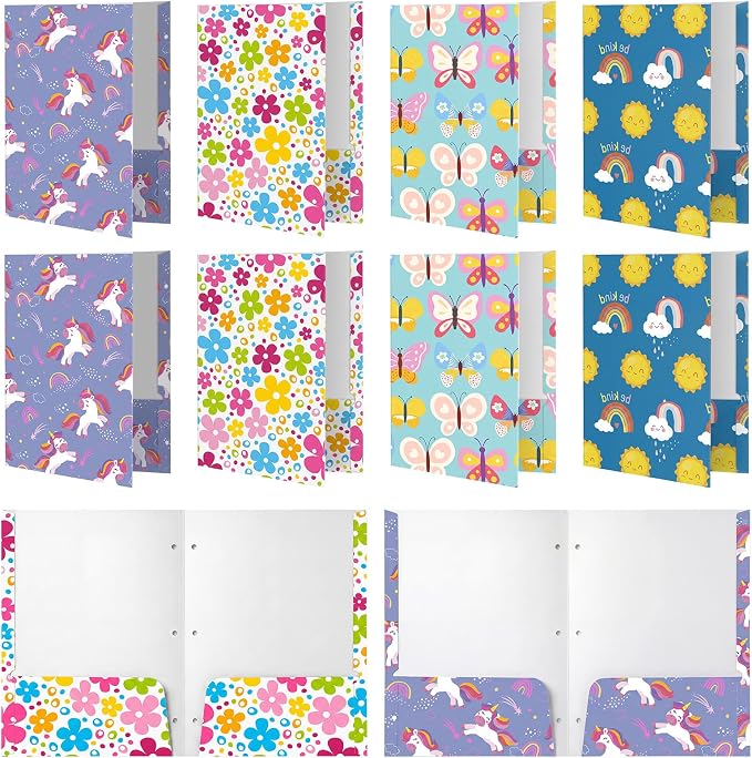 Marspark 12 Pack Pocket Folders for Girls School Folder with Pocket 3 Hole and 2 Pockets Compatible File Holder Heavy Duty Fun Trendy Design for Back to School Office Elementary Classroom Filing