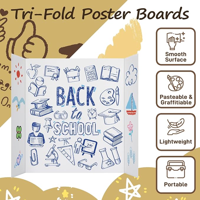 PSHVYM 12 Pcs Small Trifold Poster Board, 21.5 x 14 inches Poster Board with Double Sided Tapes and Cardboard, Corrugated Presentation/Display Board for School Project, Science Fair, Business