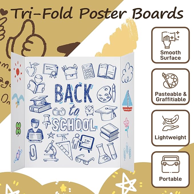 PSHVYM 12 Pcs Small Trifold Poster Board, 21.5 x 14 inches Poster Board with Double Sided Tapes and Cardboard, Corrugated Presentation/Display Board for School Project, Science Fair, Business
