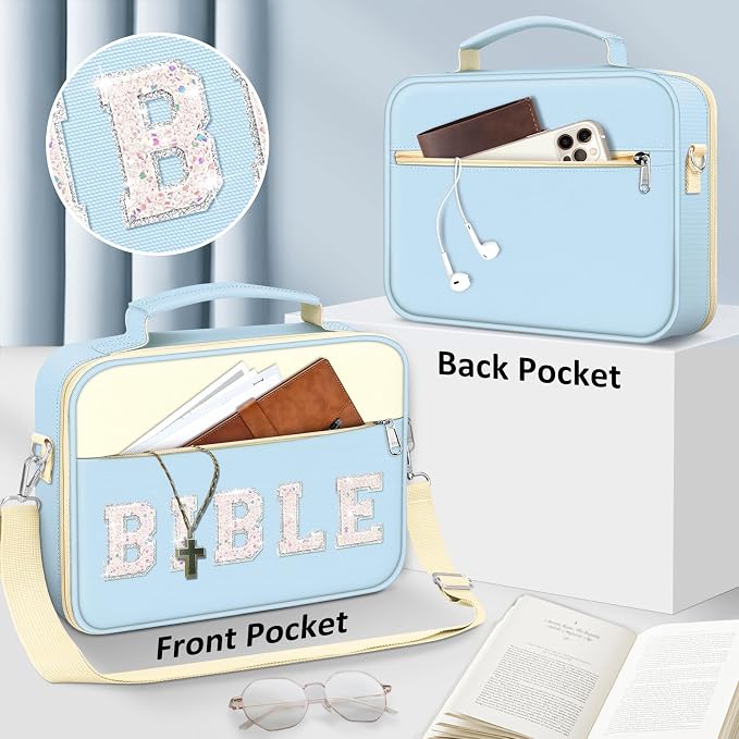 FINPAC Large Bible Cover w/Shoulder Strap, Carrying Book Case Church Bag Bible Protective w/Pen Slots and Zippered Pocket, Gift for Women Lady, Letter Blue