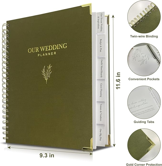 LADY&HOME Wedding Planner Book and Organizer, Linen Cover Wedding Planner Book, Bridal Planning Binder for Bride to be Gifts with Calendars, Checklist and Pockets(Emerald Green)