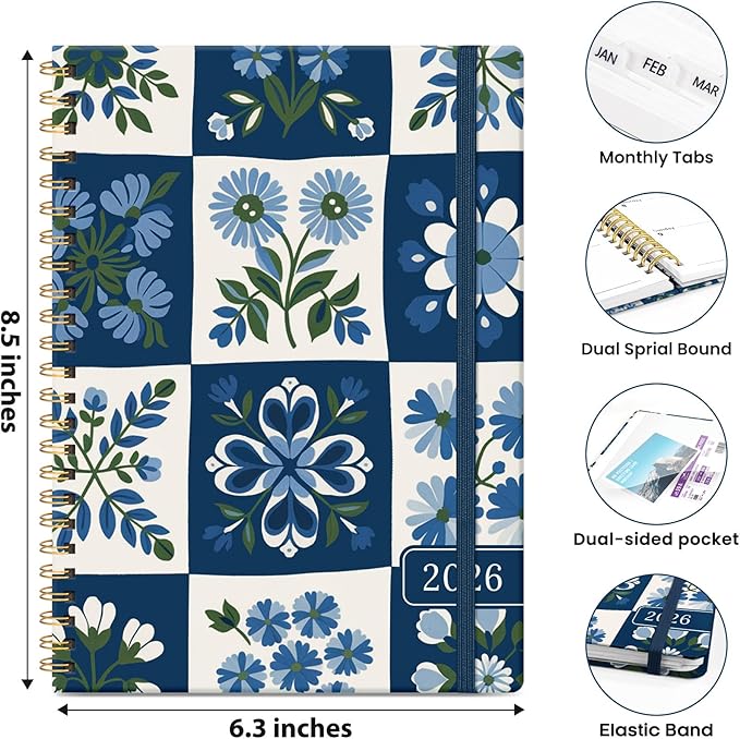 2026 Planner, Weekly and Monthly Planner for Women, January 2026 - December 2026, Hardcover 2026 Calendar Planner Book with Tabs, Inner Pocket, Spiral Bound, Perfect for Office Home School Supplies - A5 (6.3" x 8.5"), Petal Array