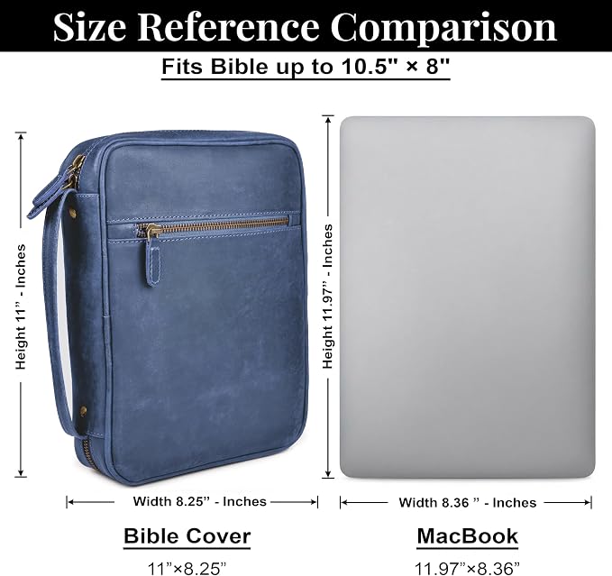 LEATHER VILLAGE Genuine Leather Bible Cover with Zipper for Men & Women - Large Bible Case Carrying Bag Book Cover & Organizer with Handle and Pockets - Leather Bible Covers for Church Study - Blue
