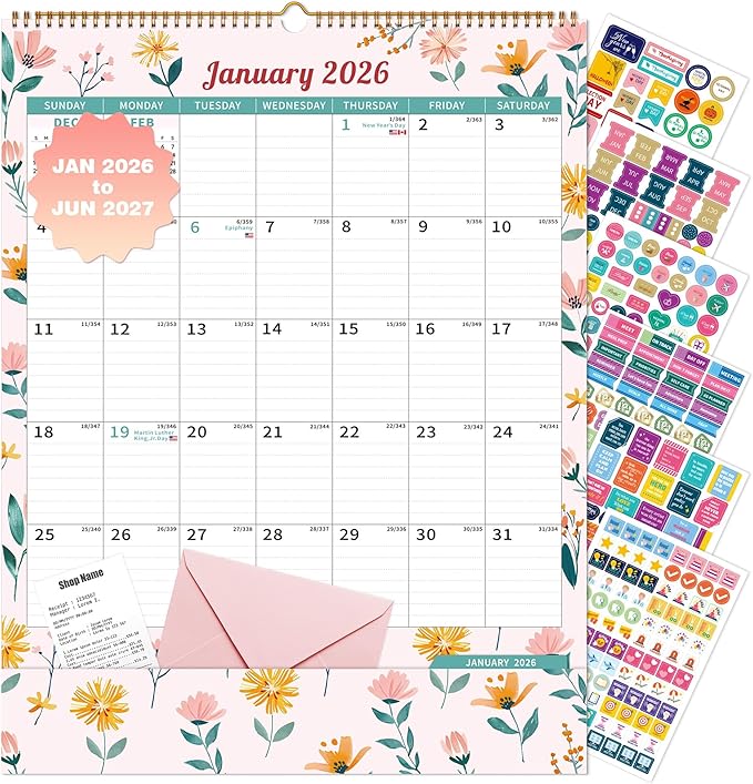 Ospelelf Wall Calendar 2026-2027 with Storage Pocket Monthly Large Planner Pad 17" X 22" with Protective Cover and Stickers for Family Fridge Office Teacher Student January 2026 to June 2027 Ditsy Floral