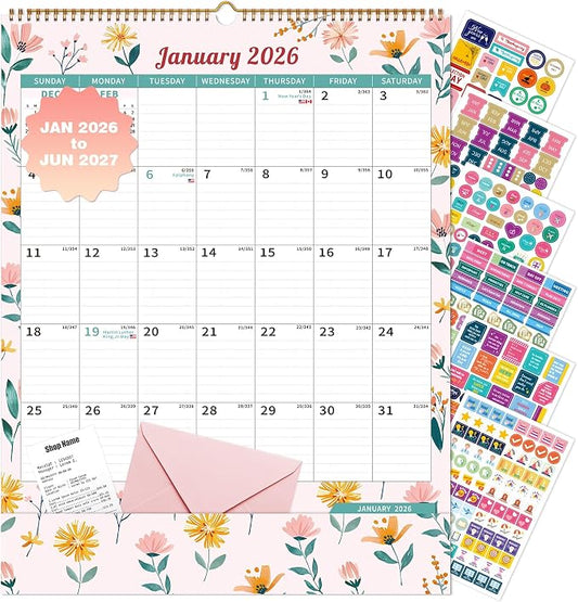 Ospelelf Wall Calendar 2026-2027 with Storage Pocket Monthly Large Planner Pad 17" X 22" with Protective Cover and Stickers for Family Fridge Office Teacher Student January 2026 to June 2027 Ditsy Floral