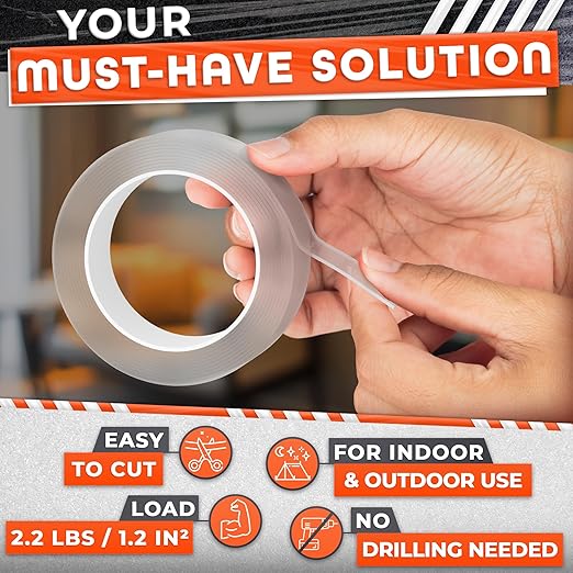 Clear Double Sided Tape Heavy Duty - Acrylic Adhesive 9.84 Ft x 1.2" with 2.2 Lb Hold, Removable No Residue, Weather Resistant - Strong Two Sided Tape Heavy Duty for Wood, Glass, Metal & DIY Projects