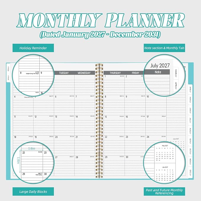 2027-2031 Monthly Planner 5 Year Monthly Planner/Calendar 2027-2031, Jan 2027 – Dec 2031, 9" x 11", Tabs, Double-Side Pocket, Holidays, Thick Paper - Blue