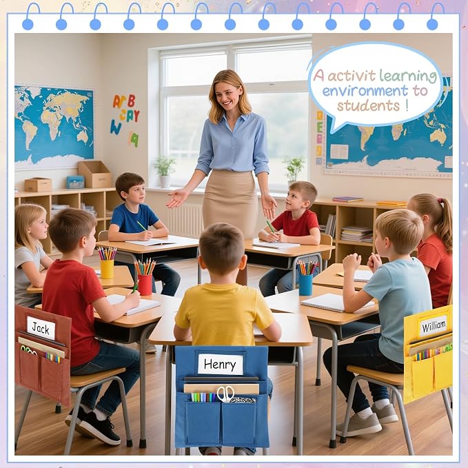gisgfim 12 Pcs Small Chair Pockets for Classroom 13 x 14 Inch Bag with Name Tag Multi Pockets Chairsback Pouch Organizer for Student Kindergarten Elementary Daycare (Groovy)