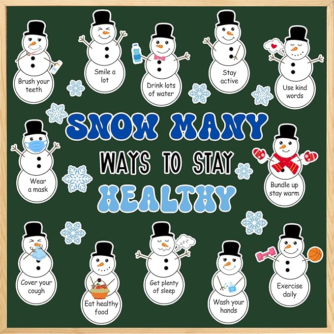 JarThenaAMCS Winter Snowman Cutouts Winter Healthy Habits Bulletin Board Decoration Set Christmas Snowman Snowflake Paper Cut Outs for Holiday School Classroom Chalkboard Wall Door Decor