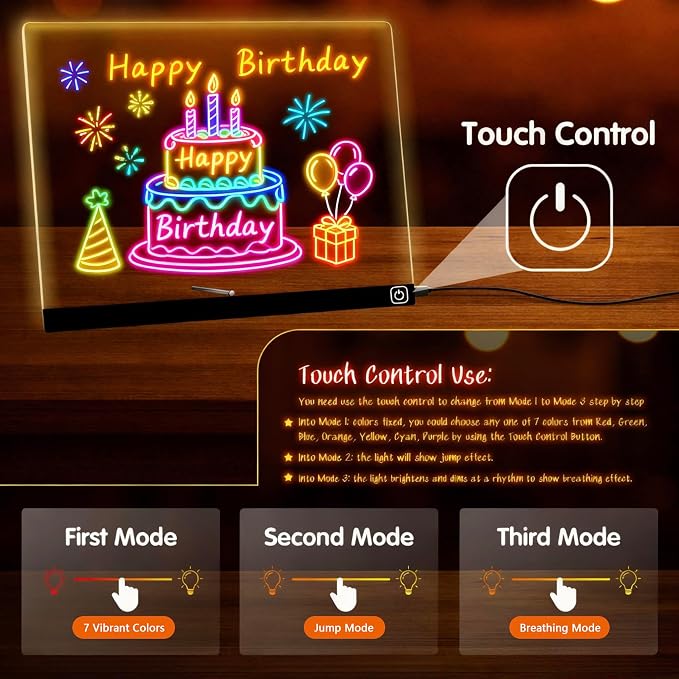 LED Note Board with Colors, 13.7"X10" Light Up Acrylic Dry Erase Board Led Drawing Board 7 Colors Message Board Night Light with 7 Markers for Birthday Party Christmas Gift