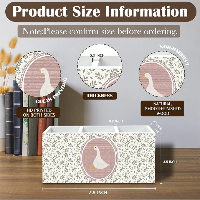 Cottagecore Botanical Goose Pen Holder for Desk, Goose Gifts for Women Pencil Organizer, Vintage Floral Animal Wooden Box Sign Desk Decor for Girl Nursery Home Office Decoration