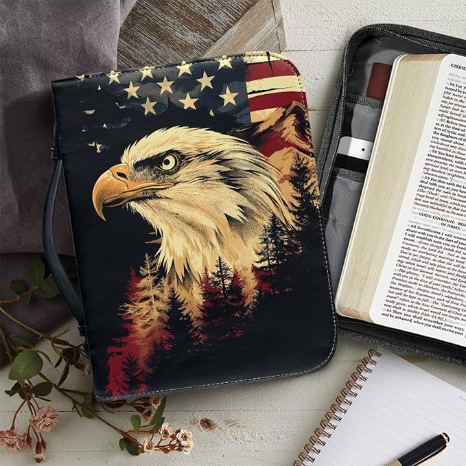 PU Leather Bible Covers for Women Men with Bookmark Carrying Book Case Church Bag Bible Protective with Zippered Pocket,Bald Eagle,Large
