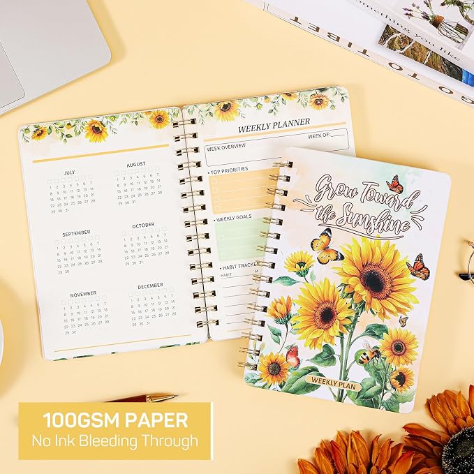 Sunflower Weekly Planner Hardcover - 52 Weeks Undated Daily Schedule Organizer with Personal Info Page & Perpetual Calendar, Floral Planning Notebook Gift for Women & Students, Office Home Planning