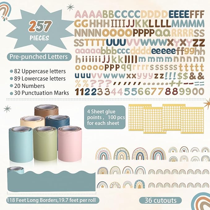 Kosiz Boho Bulletin Board Decoration Set 118 ft Scalloped Bulletin Board Borders Classroom Poster Border Trim with 257 Pcs Letter Number Symbol Cutout for School Decor