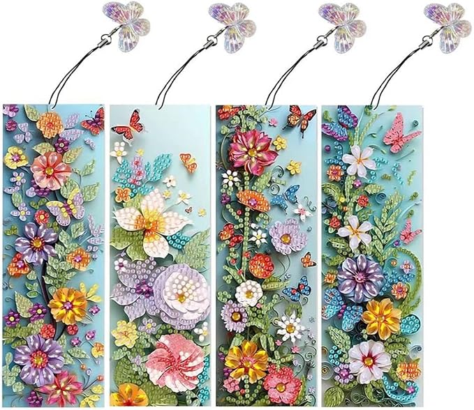 ARTopet 4Pcs DIY Diamond Art Painting Bookmarks with Colorful Butterfly Pendant PET Bookmark Ornament Double Sided Pattern Single Sided Diamond Book Marker Clip Gifts Tags-Flowers06