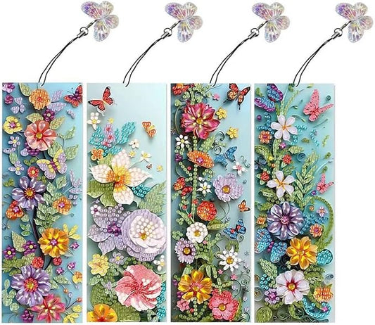 ARTopet 4Pcs DIY Diamond Art Painting Bookmarks with Colorful Butterfly Pendant PET Bookmark Ornament Double Sided Pattern Single Sided Diamond Book Marker Clip Gifts Tags-Flowers06