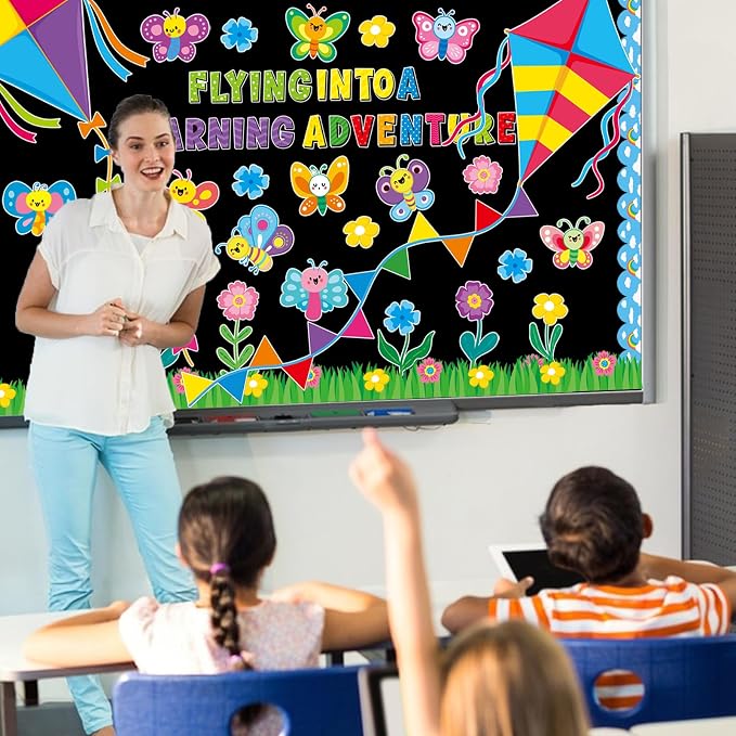 109 PCS Spring Bulletin Board Decorations Set Spring Flower Kite Cutouts with 3D Tissue Paper Pompoms Back to School Classroom Decor Colorful Floral Butterfly Decor for School Office Home Wall Supply