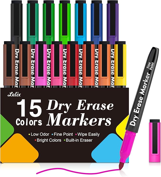 Lelix 15 Colors Dry Erase Markers, Magnetic Whiteboard Markers Fine Point with Eraser for Back to School, Office, Home Perfect for Writing on White Board, Dry Erase Board, Mirror, Glass