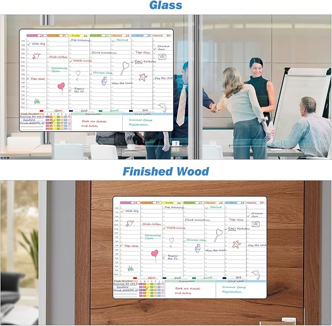 POPRUN Weekly Dry Erase Calendar 23.6" × 15.7", Non Magnetic Self Adhesive Planning Board with Time Slots for Wall Glass Wood Home Office