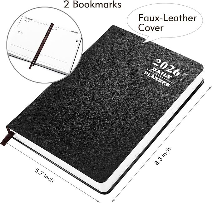 KESOTE 2026 Daily Hourly Planner - One Page a Day, 2026 Diary 5.7 x 8.3" Hardcover Monthly Agenda 12 Month A5 College Notebook Planner, Black