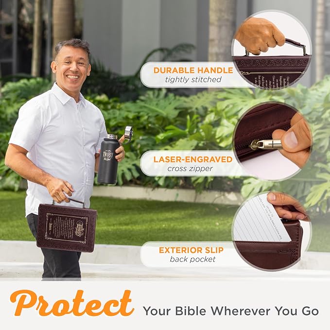 Christian Art Gifts Classic Bible & Book Cover for Men & Women: The Lord's Prayer - Matthew 6:9-13 Sturdy Inspirational Scripture Carry Case Accessory w/Pockets, Walnut Brown & Burgundy w/Gold, Large