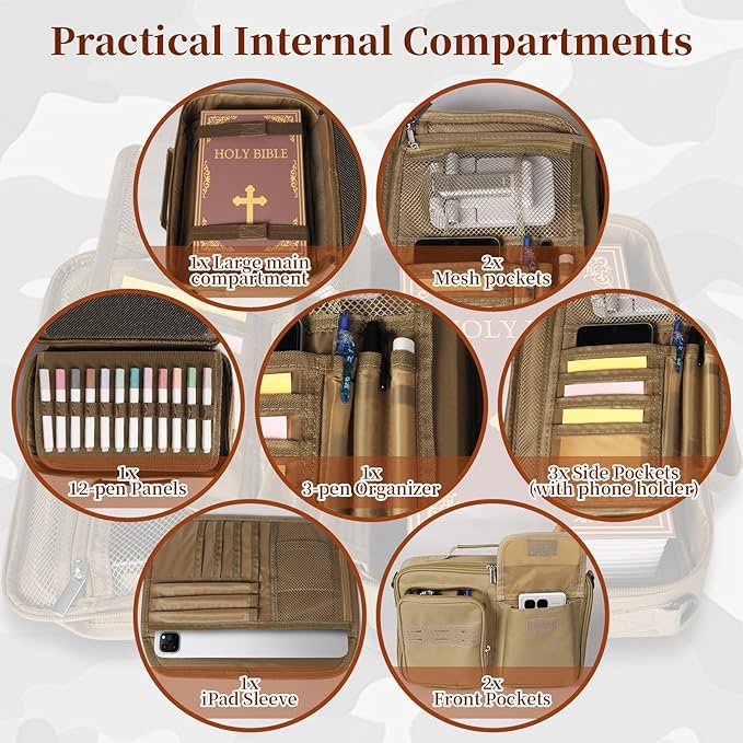 Tactical Bible Cover for Men, Bible Carrying Case with Multiple Pockets & Top Handle & Shoulder Strap & MOLLE System, Bible Bag for Church, Study, Travel, Bible Protector and Christian Gift (Apricot)