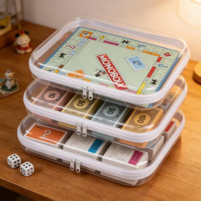 Klmnop 3 Pack Board Game Organizer and Storage Box, Extra Large Clear Hard Shell Zipper Case for Games Puzzle Magazine A4 Paper Craft Supplies(Clear)