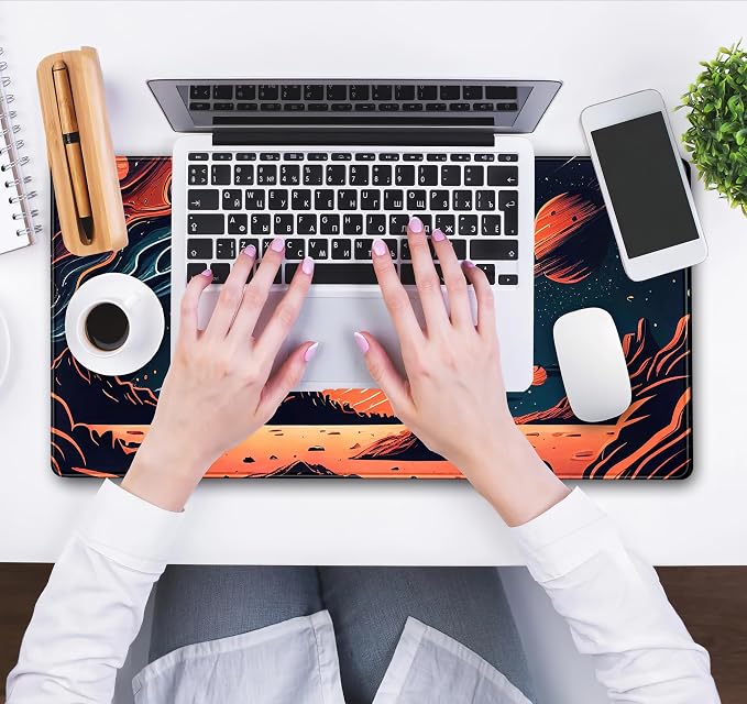Painted Planets Desk Mat Outer Space Desk Pad, Orange Black Gaming Mouse Pad, Large Keyboard Mouse Mat Work Game, Deskmat with Stitched Edges XXL, Fun Office Decor Desk Accessories 31.5"x15.75"