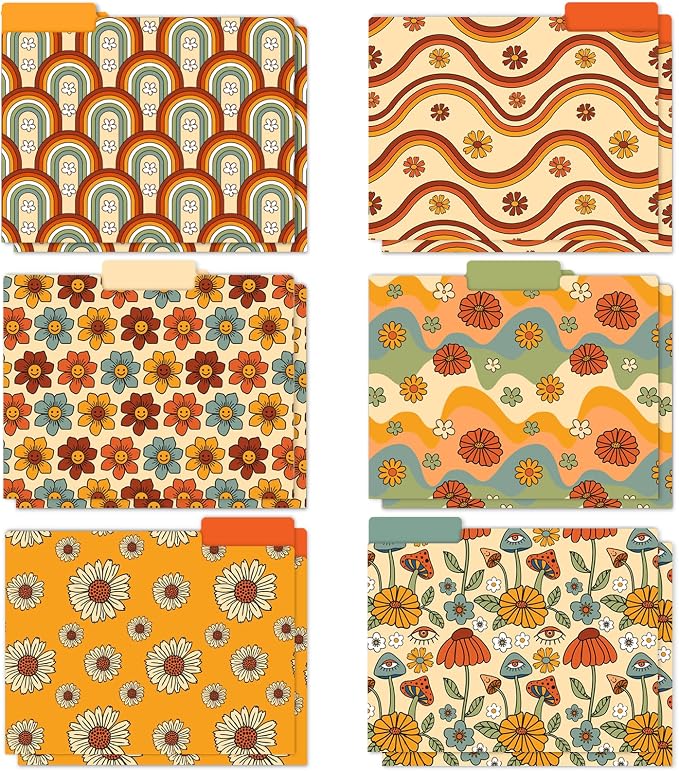 FYSUIMU Boho Floral File Folders 12 Pack Retro Rainbow Flower Letter Size File Pockets with 1/3 Cut Tab for Office Classroom Files Organizer, 9.5 x 11.5 Inch