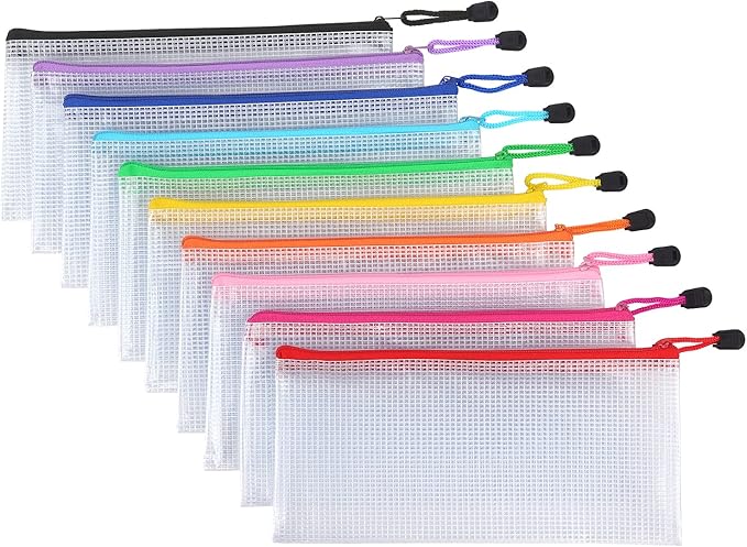 Tamaki 10 Pack Mesh Zipper Pouch Document Waterproof Zip File Bags Plastic Pencil Pouches A6 Size for Classroom Organization School Office Supplies(Colorful)