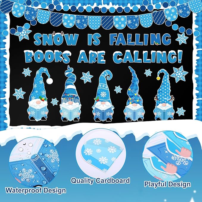 Winter Gnome Bulletin Board Set Snow is Falling Books are Calling Reading Classroom Decorations Blue Banner Snowflakes Paper Cutouts for Office Library Reading Corner Wall Holiday Display