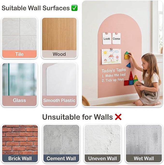 Magnetic Arch Wall Decal: Large 39.4"x23.6" Peel and Stick Chalkboard for Wall - Screen-Free Playroom Decor & Bedroom Learning Nook for Toddlers 1-4 & Kids 5-10 (Flesh Pink)