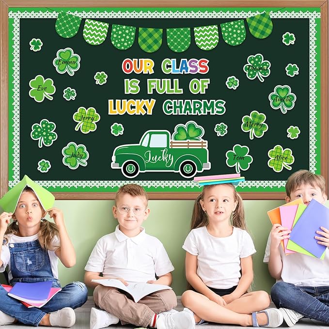 JarThenaAMCS St. Patrick' s Day Bulletin Board Classroom Decorations Set Our Class is Full of Lucky Charms Shamrock Irish Clover Truck Paper Cutouts for School Classroom Chalkboard Wall Decor Supplies