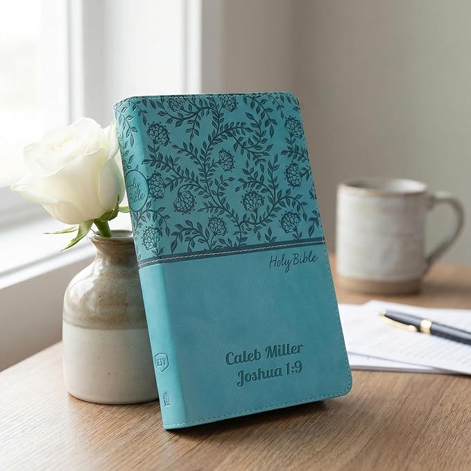Printualist Personalized KJV Deluxe Holy Bible with Name Engraved, Red Letter King James Version, Faux Leather Turquoise Cover, Custom Gift Bible for Christian Celebrations