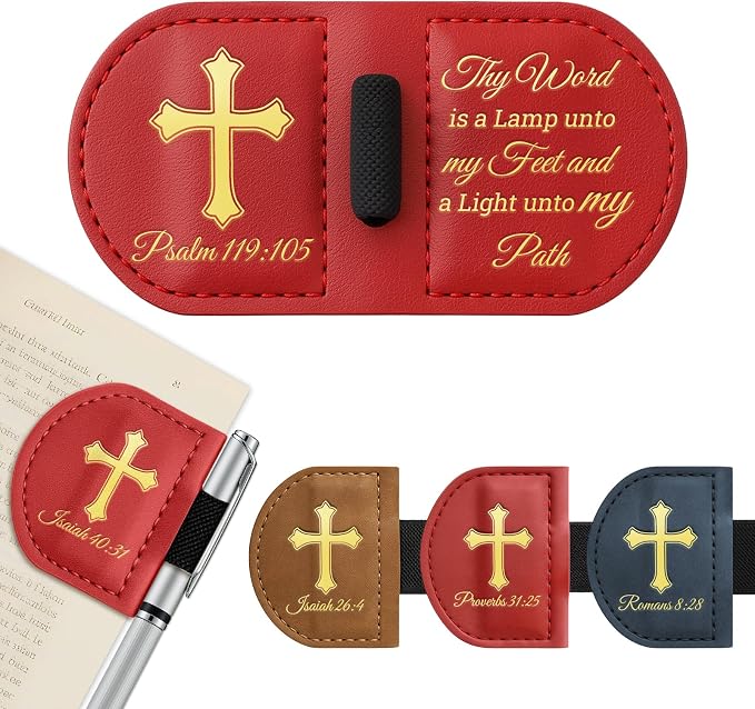 Personalized Magnetic Leather Bookmark with Pen Holder - Bygone Mark Custom Bible Verse Bookmarker,Book Marker for Men & Women,Book Lovers,Readers,Church(Red,Psalm 119：105)