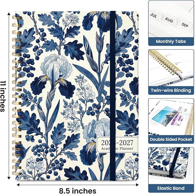 Planner 2026–2027, Academic Year Monthly & Weekly Calendar Book, Jul 2026–Jun 2027, Hardcover Organizer with Tabs, Student & Teacher Planner, 8.5" x 11", Blue Heirloom