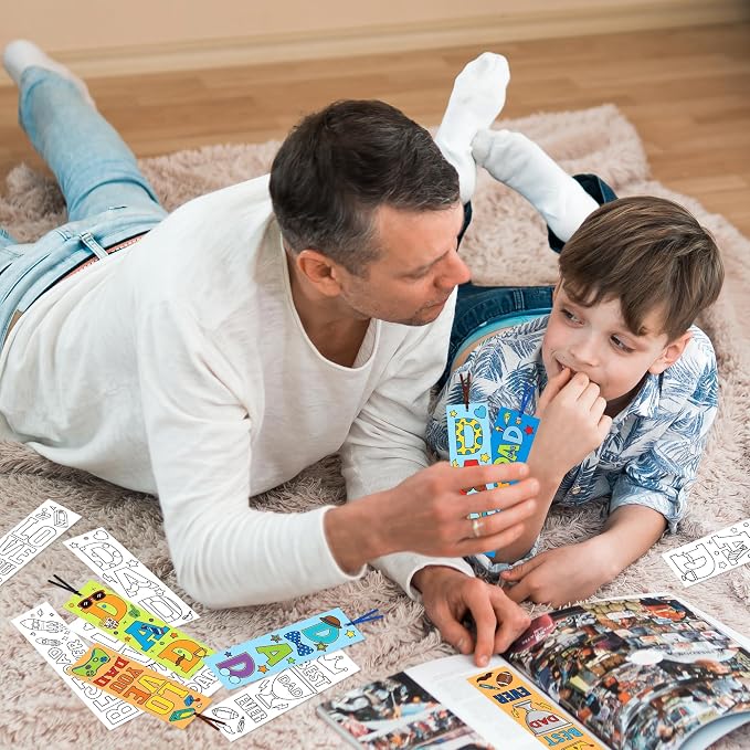 ANGOLIO Father's Day Color Your Own Bookmarks for Kids, 123Pcs DIY Father's Day Crafts for Classroom School Students, Coloring Dad Bulk Blank Bookmarks Set with Ribbons for Home Holiday Party Favor