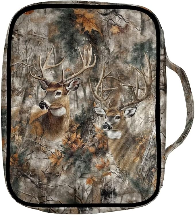 Suobstales Deer Camo Forest Print Bible Covers for Women Men Lightweight Bible Bag Bible Accessories with Handle and Zippered Pocket Bible Tote Bag for Kids