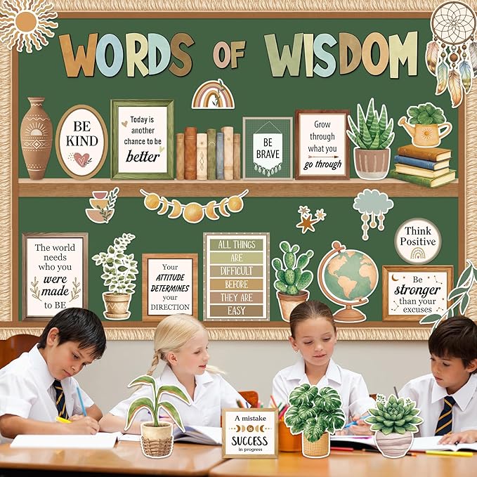 Mooliwe 57 Pcs Boho Bulletin Board Set Inspirational Greenery Classroom Decoration Potted Plant Rainbow Cutout for School Office Chalkboard Door Wall Decor