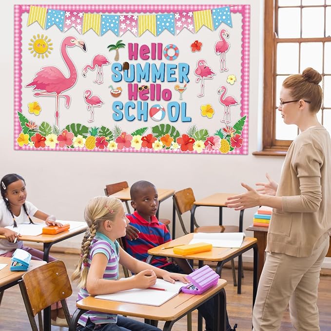 Summer Flamingo Bulletin Board Tropical Hawaiian Classroom Bulletin Board Decorations Pink Flamingo Palm Leaf Cutouts for Hello Summer Hawaiian Back to School Library Window Chalkboard Wall Decor