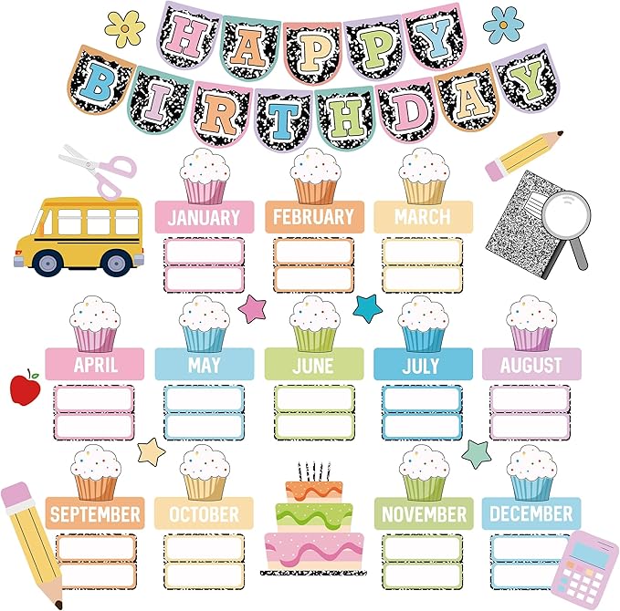 Classroom Composition Birthday Bulletin Board Set Composition Notebook Name Tags and Cutouts First Day of School Wall Door Display Classroom Craft for Teacher Supplies