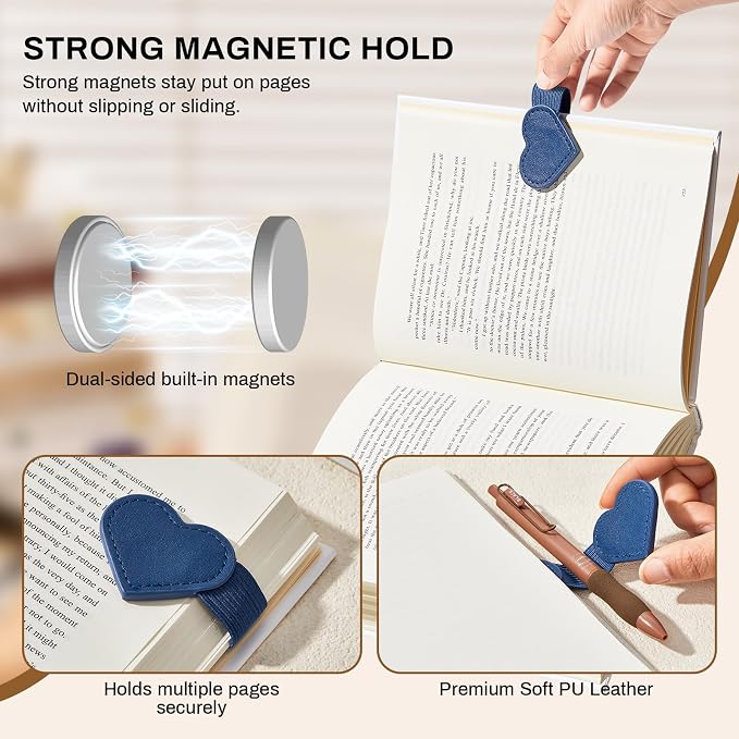 2Pcs Magnetic Leather Bookmarks with Gift Box, Heart-Shaped Magnetic Pen Holder Book Marks Clip Gift for Book Lover Readers Cute Bookmark for Women, Dark Blue