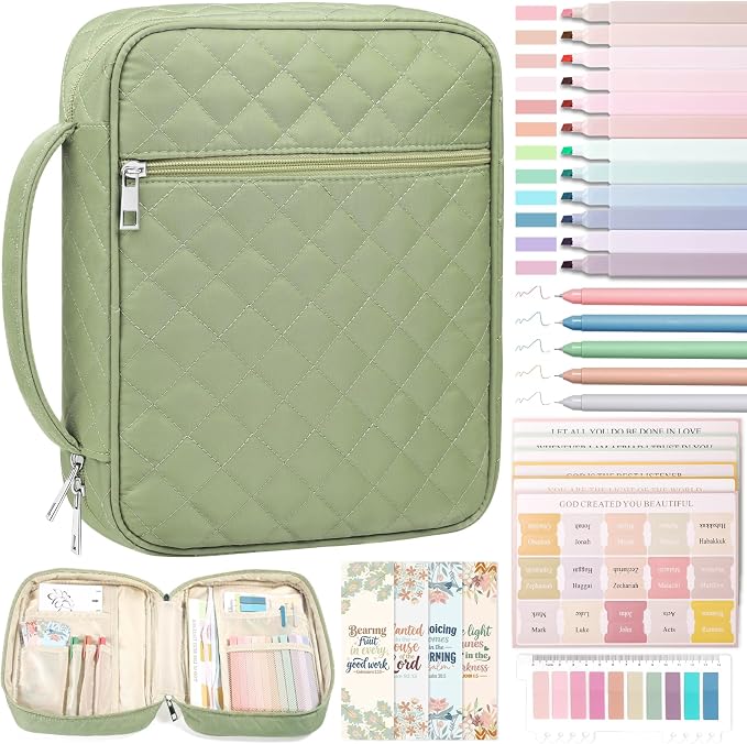 XKDOUS Quilted Bible Cover Case with Bible Study Accessories Kit, Waterproof Large Capacity Bible Bag for Women Men, Portable for Church Study, Multiple Morandi Color Options (Green)