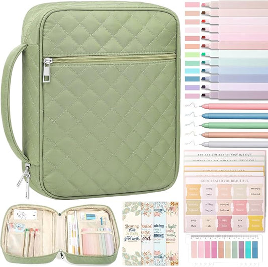 XKDOUS Quilted Bible Cover Case with Bible Study Accessories Kit, Waterproof Large Capacity Bible Bag for Women Men, Portable for Church Study, Multiple Morandi Color Options (Green)