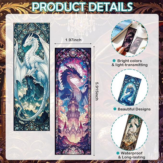 10 Pcs Stained Glass Dragon Bookmarks, Fantasy Dragon Transparent PVC Bookmark Bulk for Women Man, Cool Aesthetic Book Mark for Reading Lovers Accessories Gifts