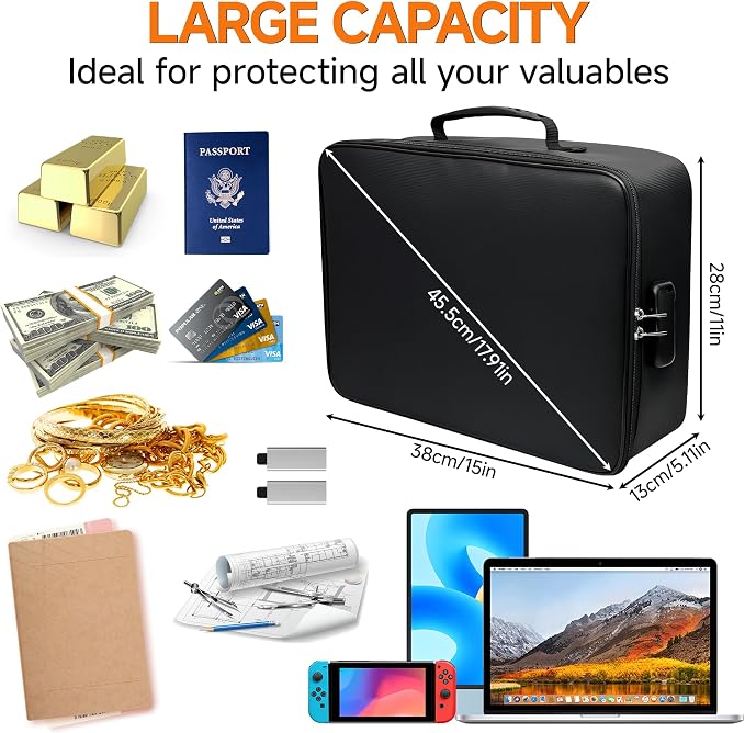 Fireproof Document Box, 5200°F Fire Safe Document Organizer with Lock, Portable Waterproof File Box for Home Travel, Safe Storage Boxes for Important Documents