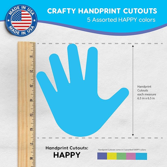 48 Piece Handprint Happy Cutouts with IDEA Guide, US Made 2-Sided Brightly Colored Card Stock Punch Out Handprint Paper Accents for Bulletin Boards, Classroom Decor, Back to School & DIY Crafting