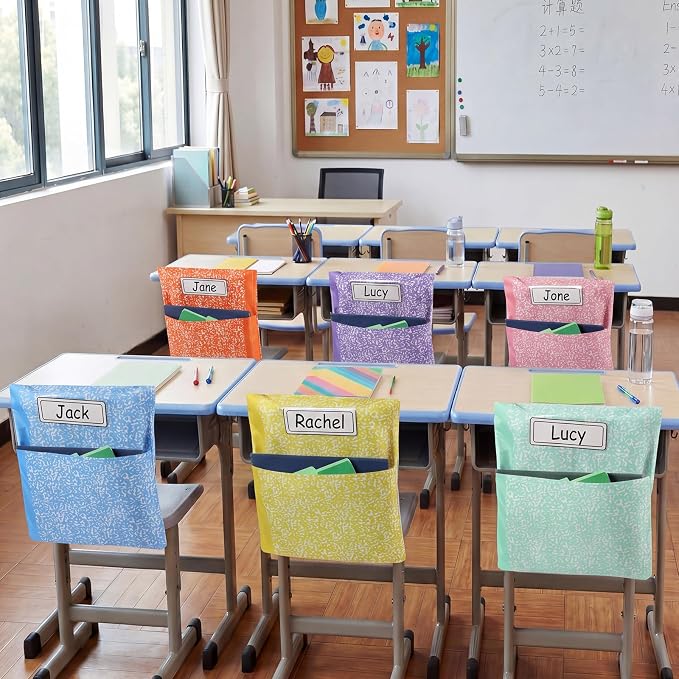 12 Pack Chair Pockets for Classroom Back to School Composition Seat Pocket 20 x 17 Inch K 2 Student Chair Bag Organizer with Name Tag Oxford Cloth Storage Bag for Kindergarten Primary (Pastel)