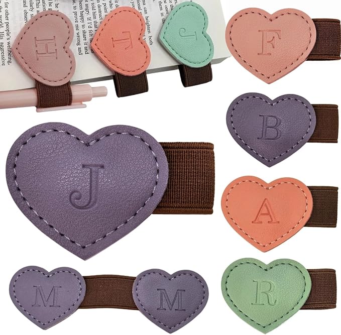 Personalized Magnetic Leather Heart Bookmark with Pen Holder - 26 Letters Custom Book Mark Notebook Pencil Loop with Initial Book Marker for Readers, Book Lovers- Gifts for Women Men(Purple,J)